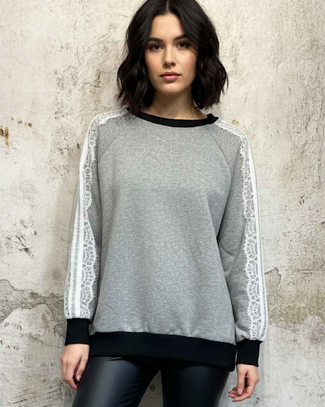 Grey Sweatshirt with Lace Sleeve