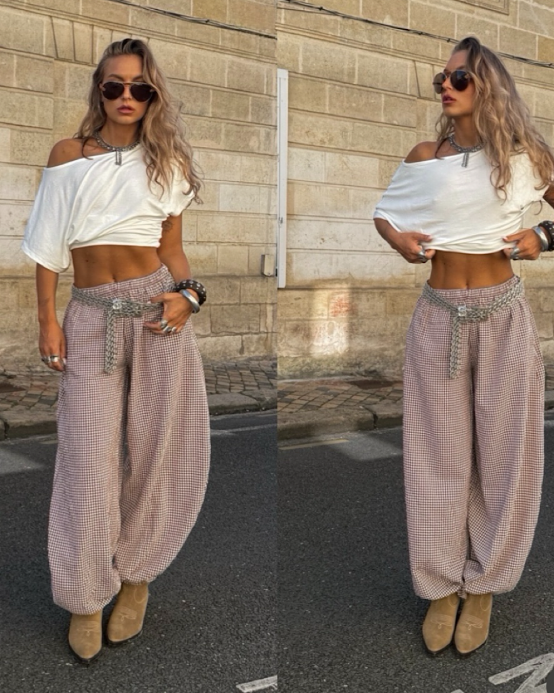Burgundy Balloon Check Trousers