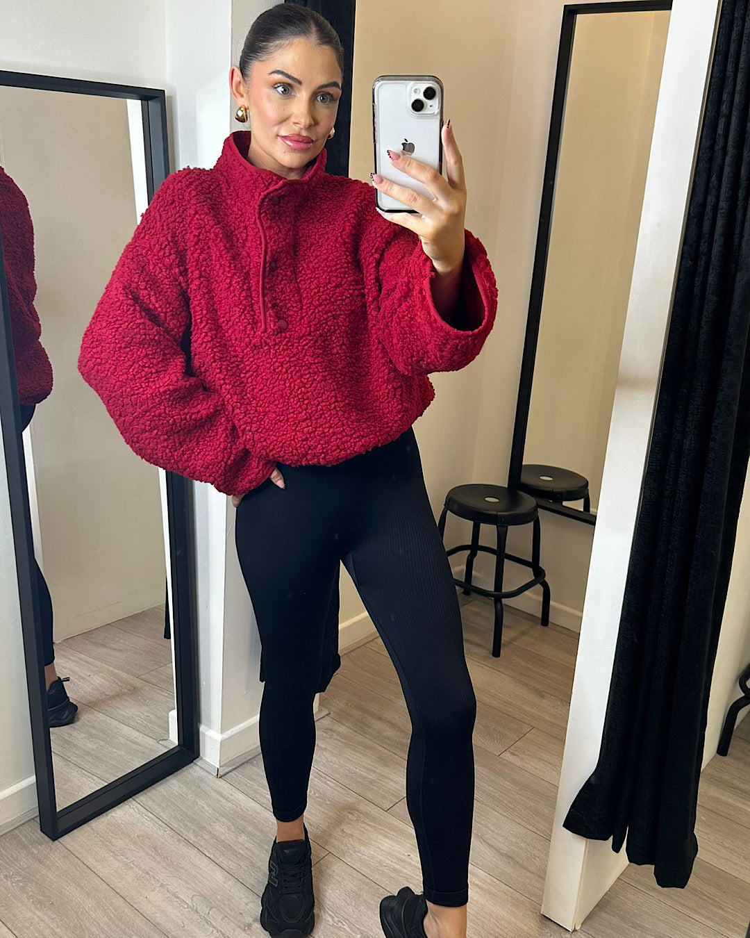 Red High-Neck Teddy Fleece Top