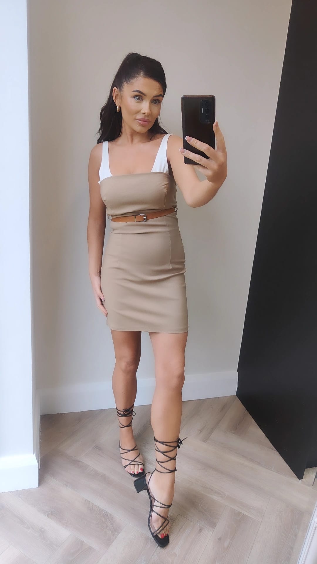 Belted Beige Dress with Vest Attachment