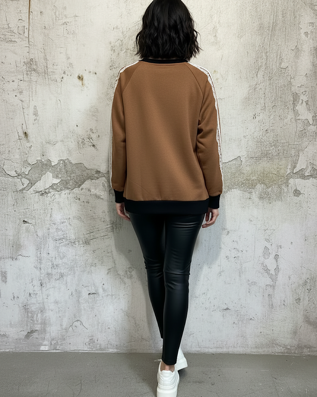 Brown Sweatshirt with Lace Sleeve
