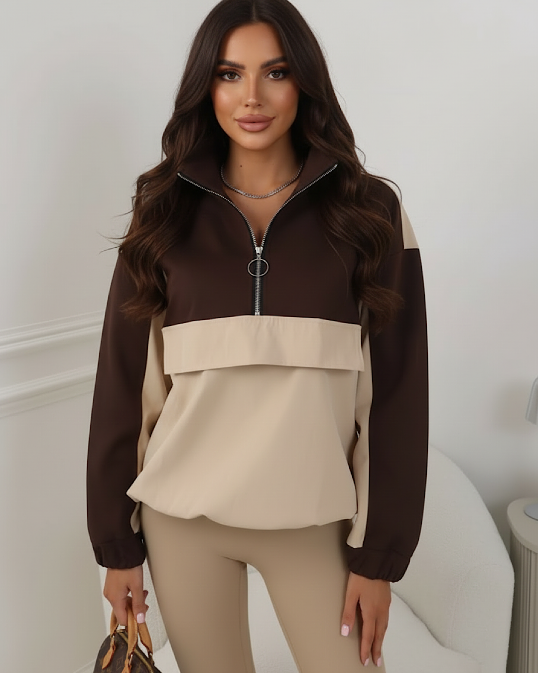 Brown Funnel Neck Half Zip Jacket