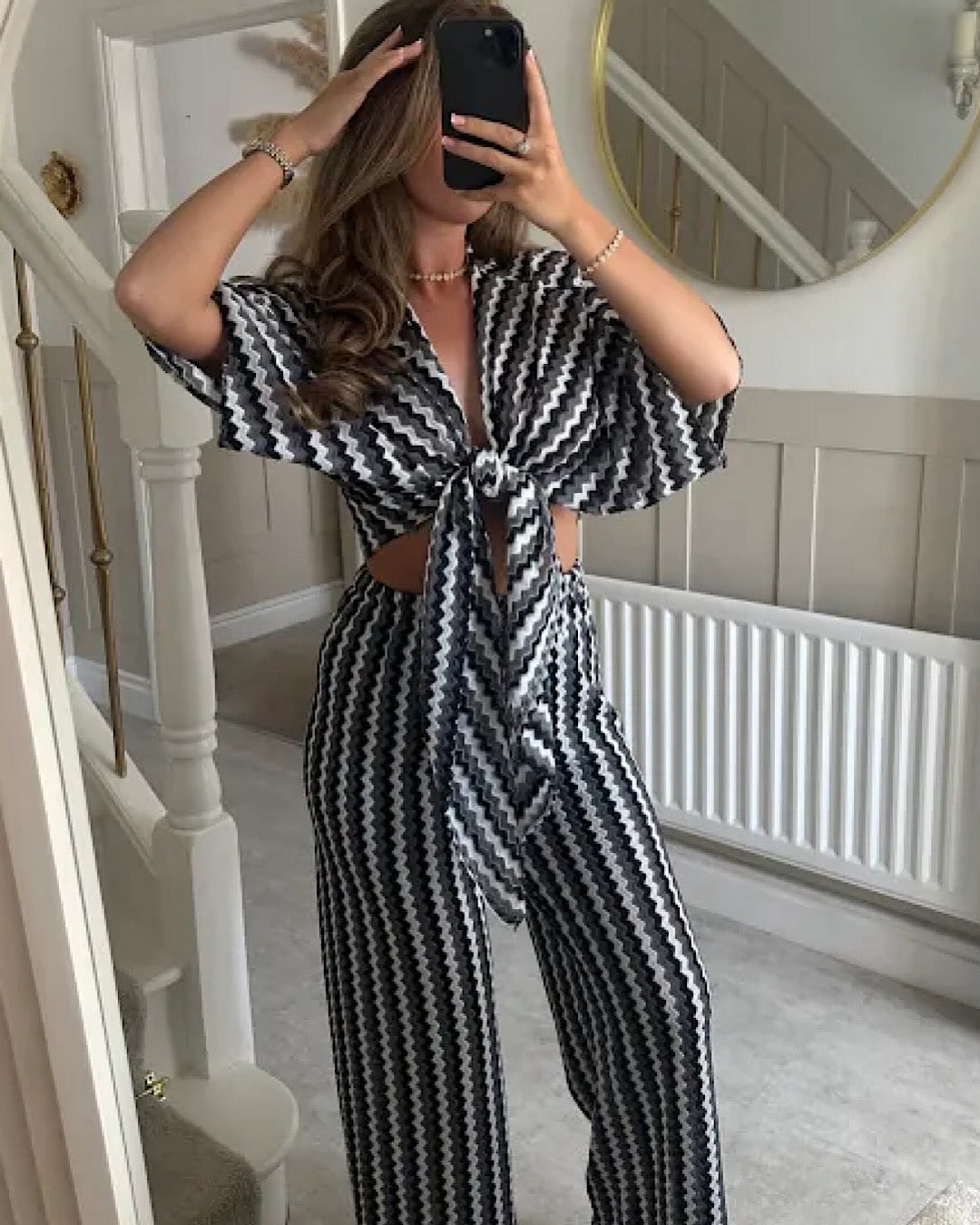 Black Grey Zig Zag Tie Front Co Ord
