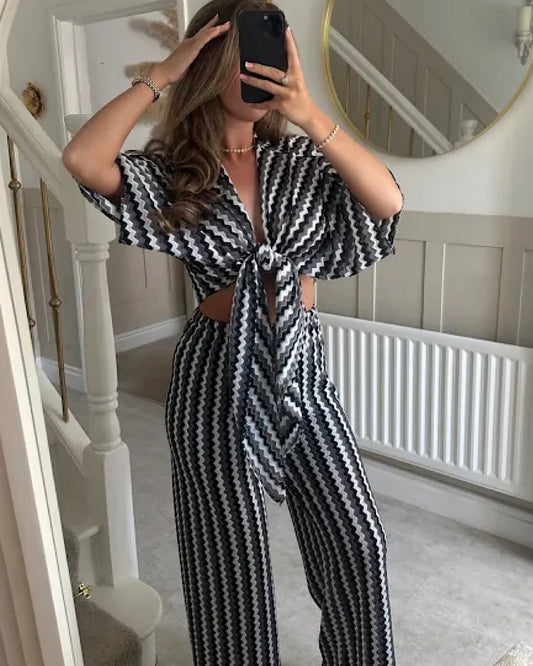 Black Grey Zig Zag Tie Front Co Ord