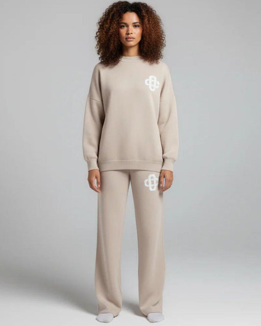 Beige Contrast Motif Knit Suit