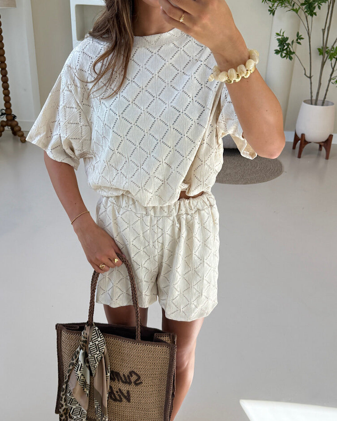 Beige Top and Shorts Knit Co Ord Suit