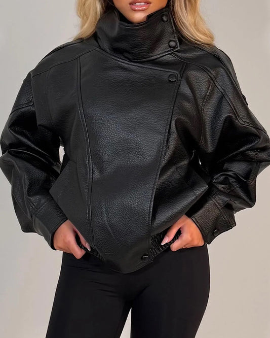 Funnel Neck Faux Leather Jacket