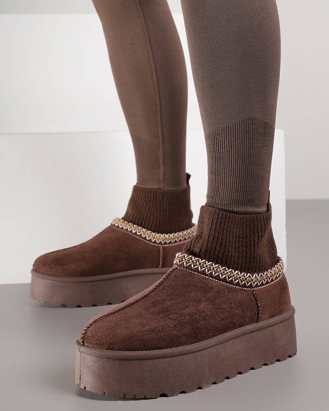 Chocolate Faux Suede Boots with Ribbed Ankle
