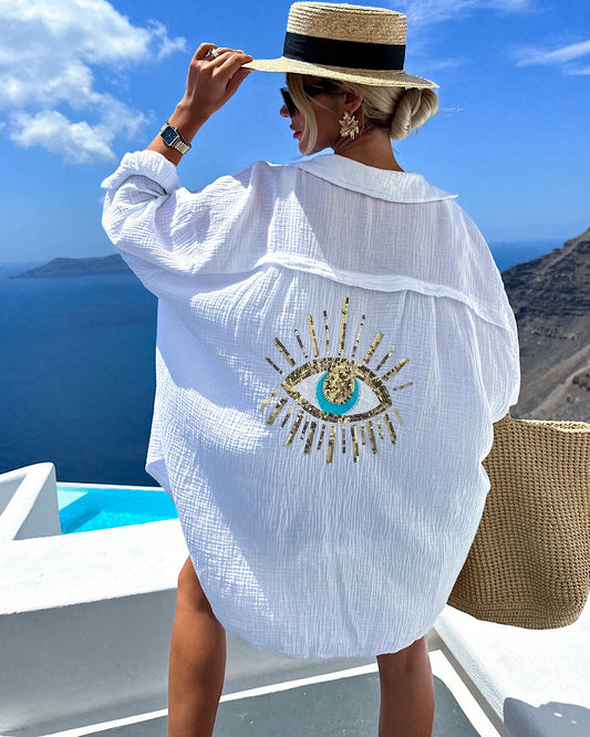 White Oversized Sequin Eye Shirt