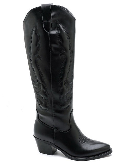 Black Faux Leather Cowboy Boots
