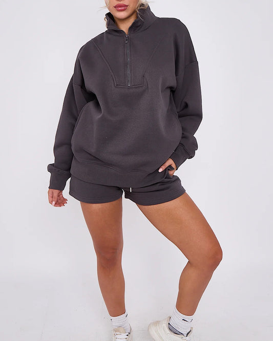 Dark Grey Half Zip Sweat and Shorts Suit