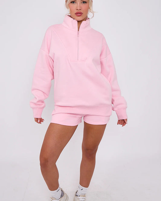 Pink Half Zip Sweat and Shorts Suit