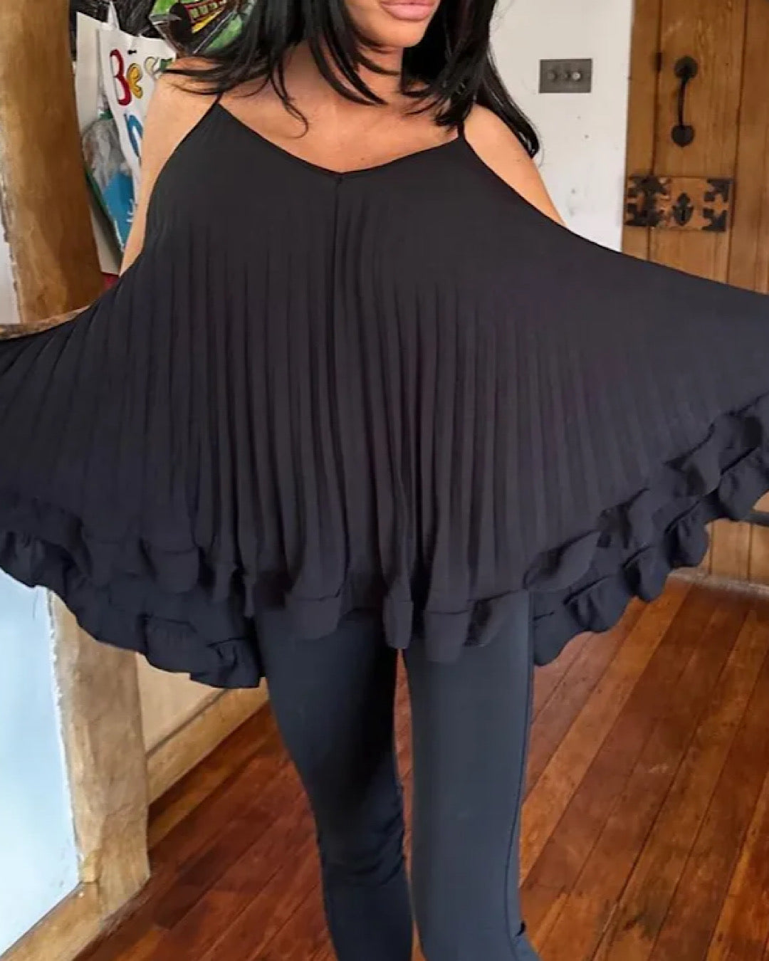 Black Cami Pleated Frill Hem Top
