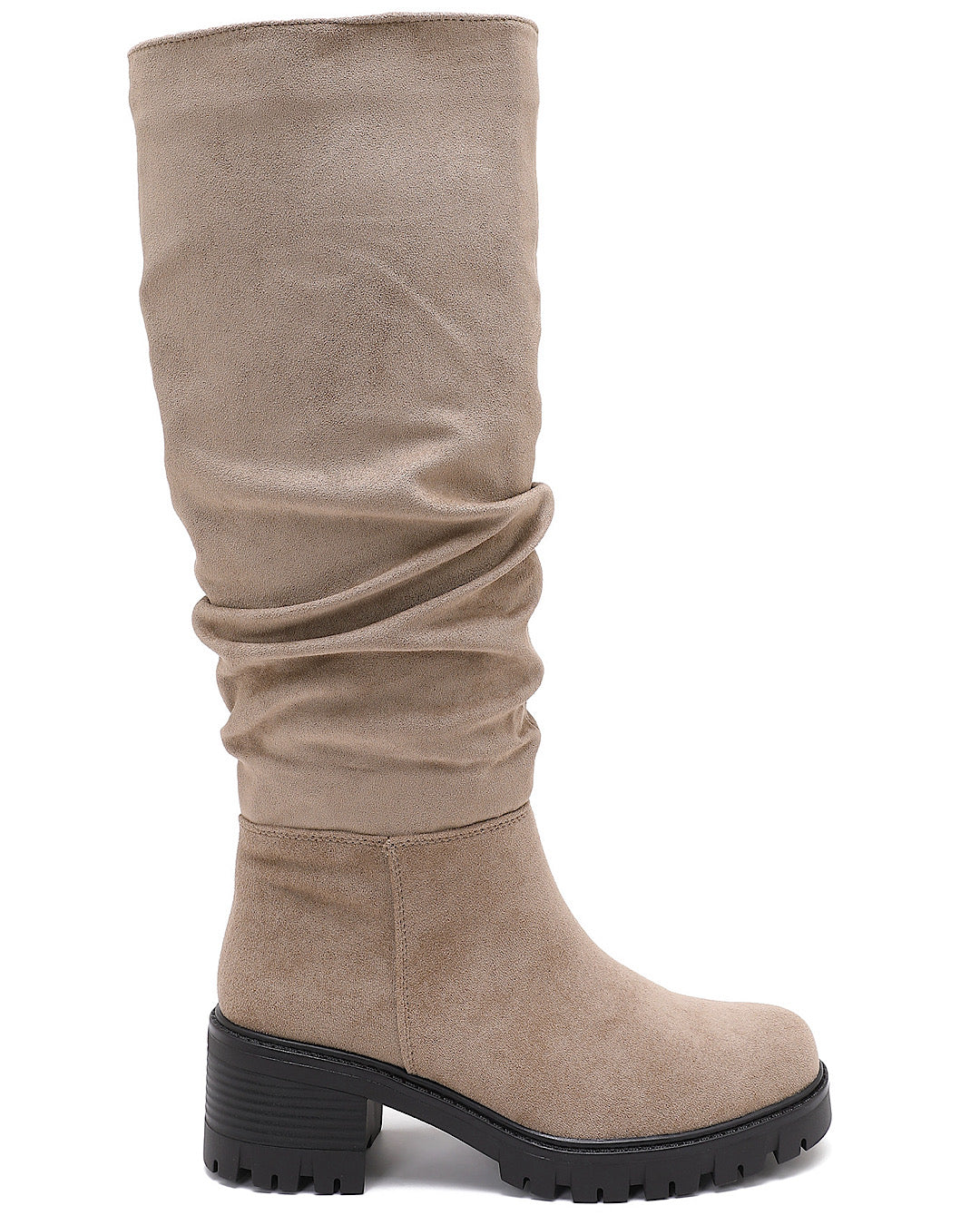 Beige Ruched Faux Suede Knee Boots