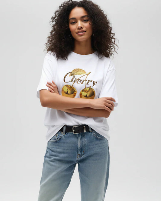 White Tee with Gold Cherries
