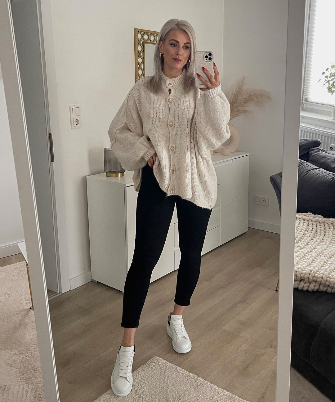 Beige Oversized Cardigan with Gold Buttons