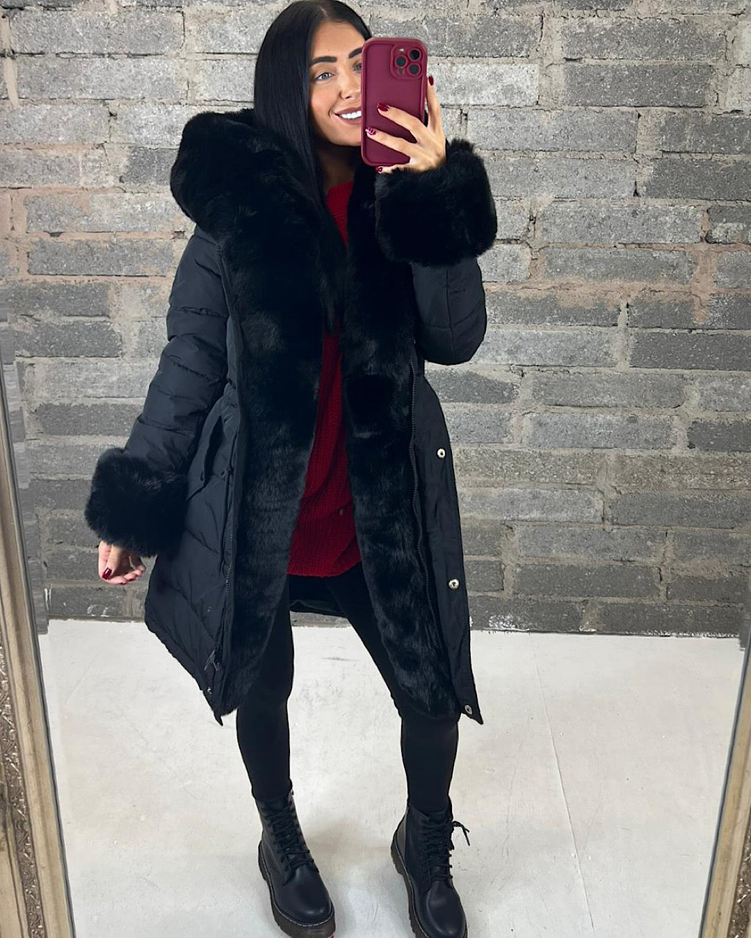 Black Hooded Faux Fur Puffer Coat