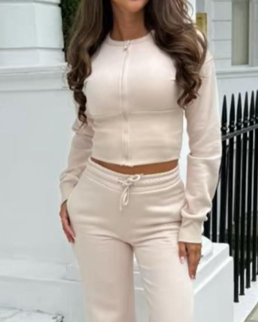 Beige Cinch Waist Jacket and Joggers Suit