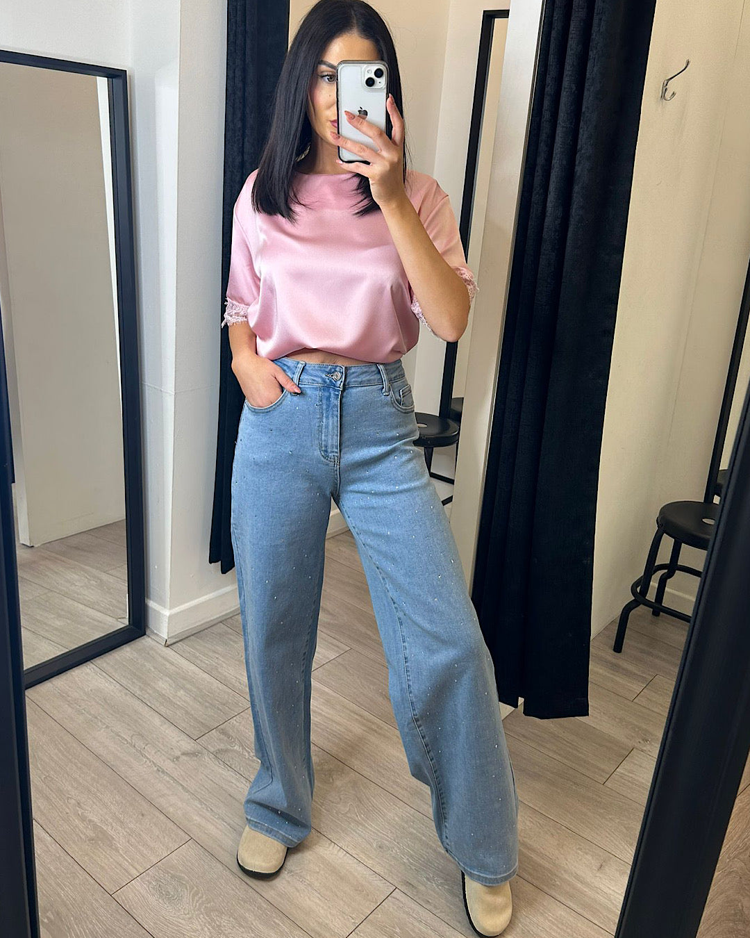 Pink Satin Top with Lace Hem