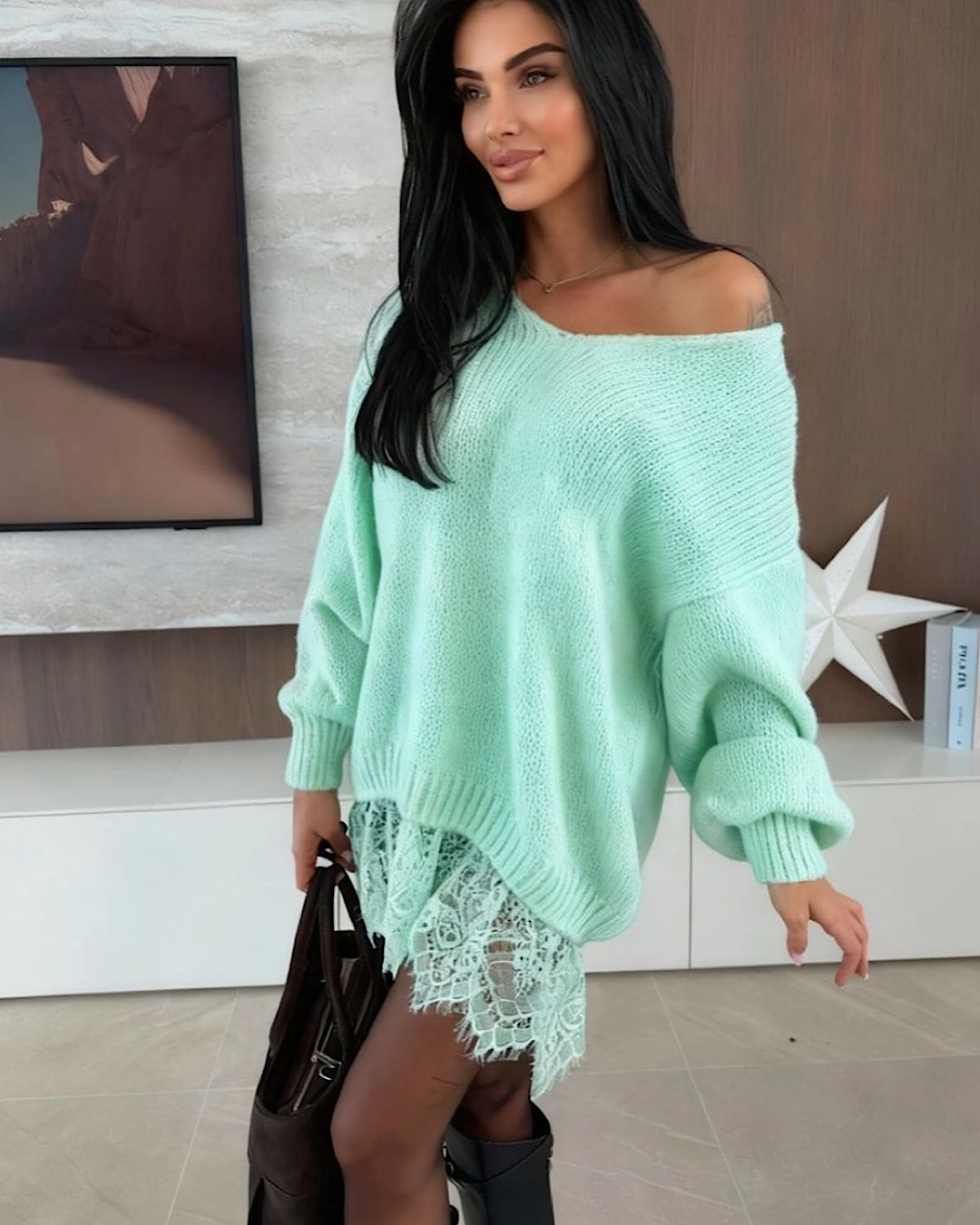 Mint Oversized Lace Knit Dress