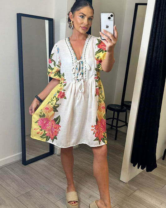 Yellow Floral Lace Front Dress