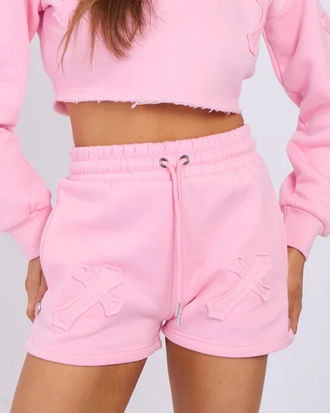 Pink Cropped Cross Sweat and Shorts Suit