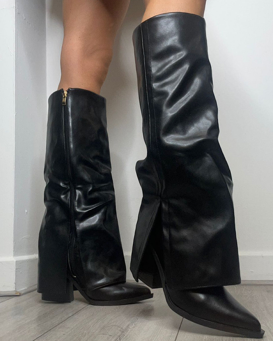 Black Fold Over Western Heeled Boots