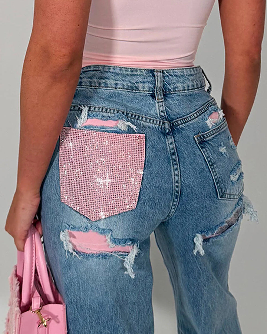 Pink Diamante Wide Leg Jeans