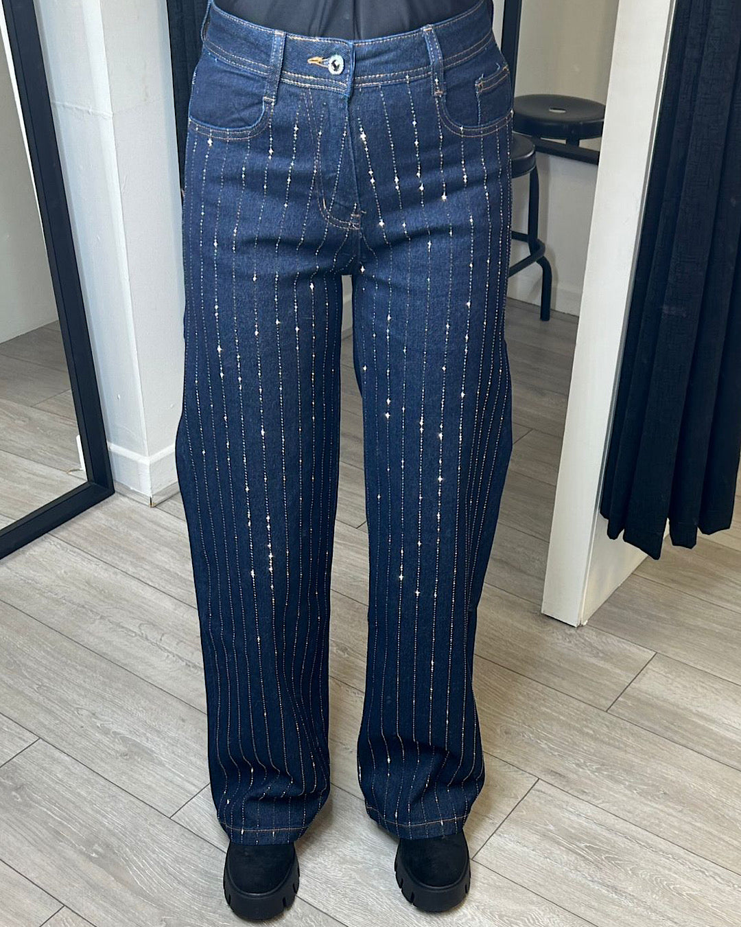 Straight Leg Blue Diamond Embellished Jeans