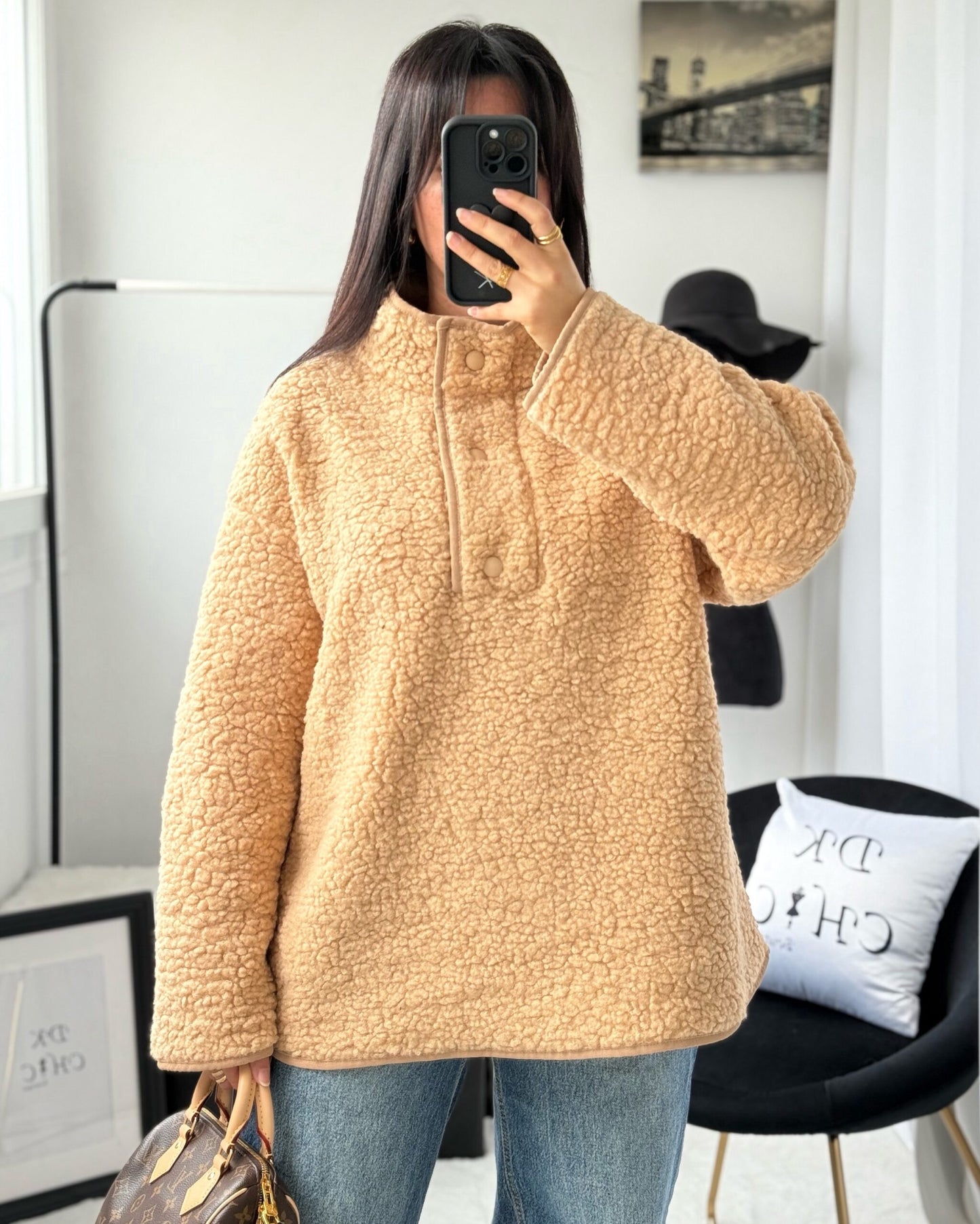 Beige High-Neck Teddy Fleece Top