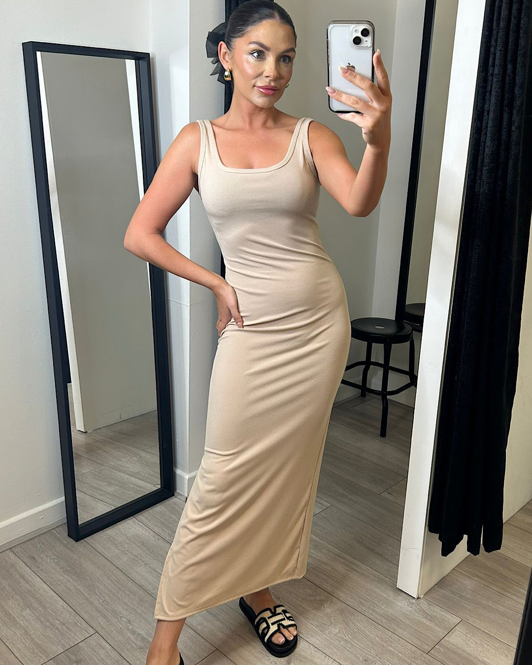Beige Ribbed Square Neck Maxi Dress