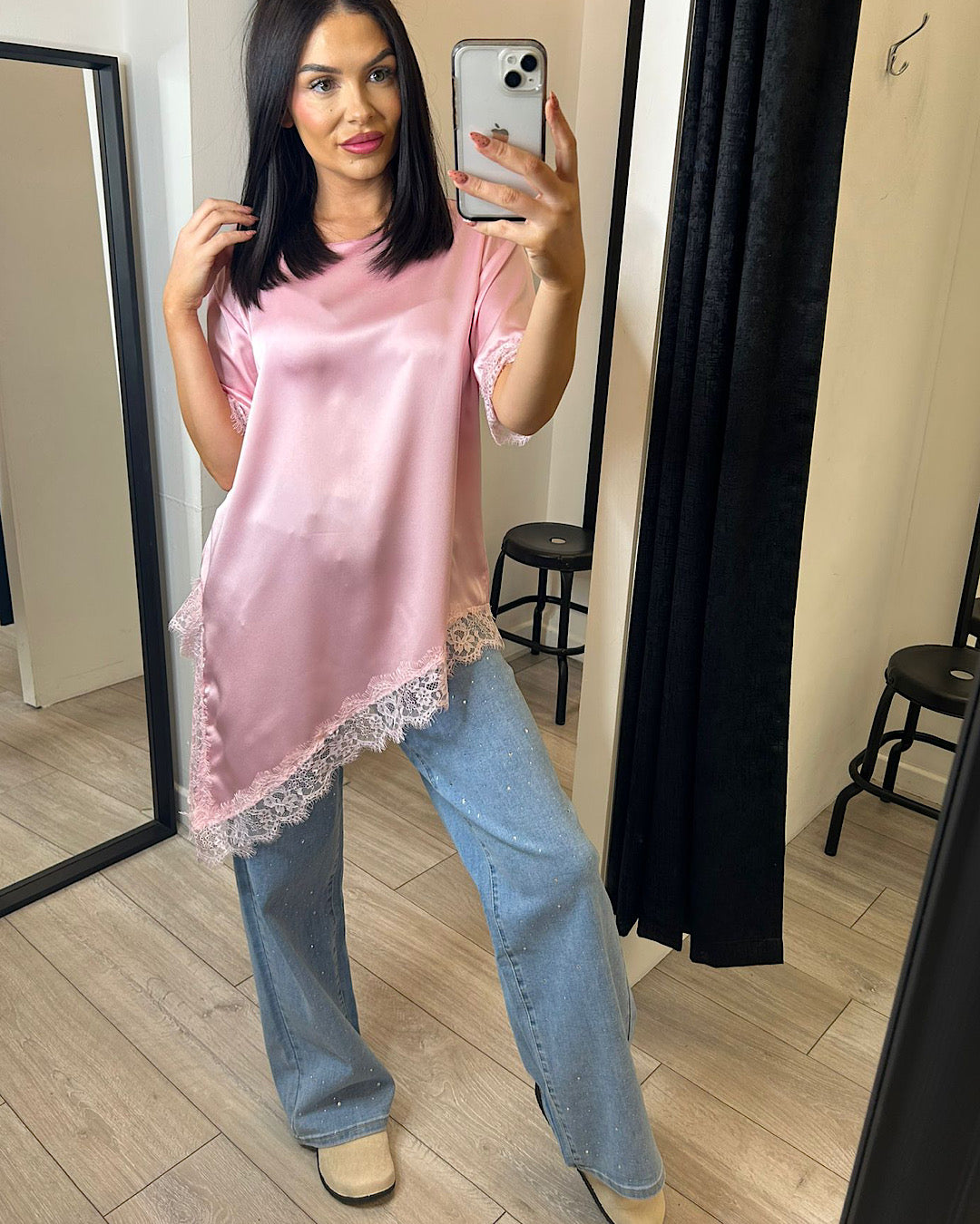 Pink Satin Top with Lace Hem