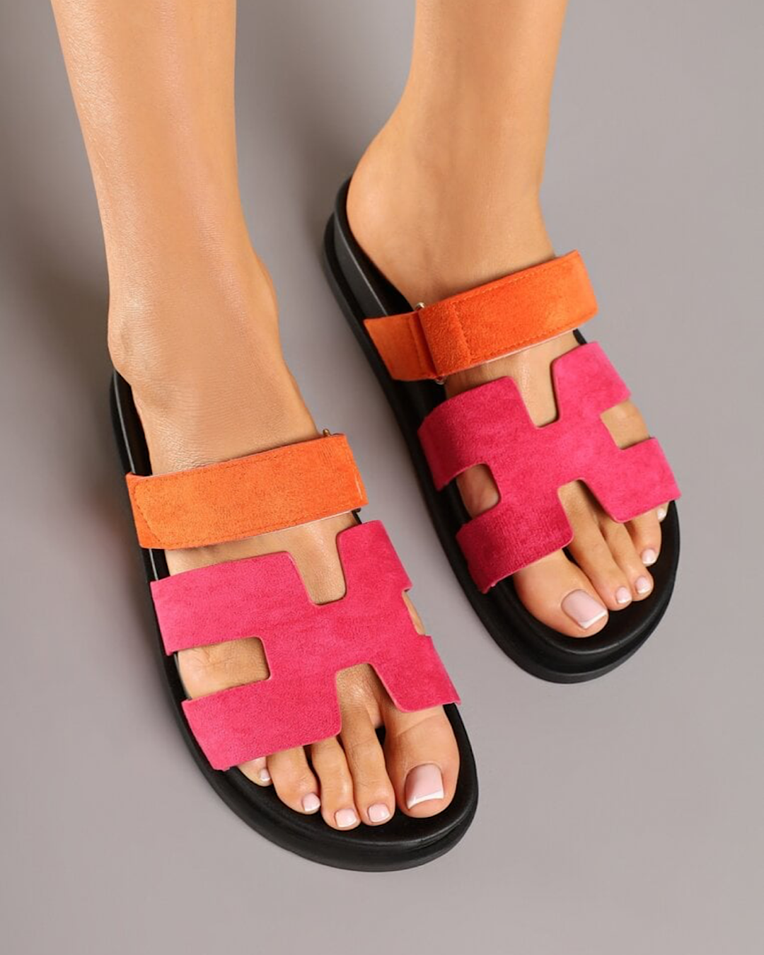 Fuchsia Orange Velcro Slider Sandals