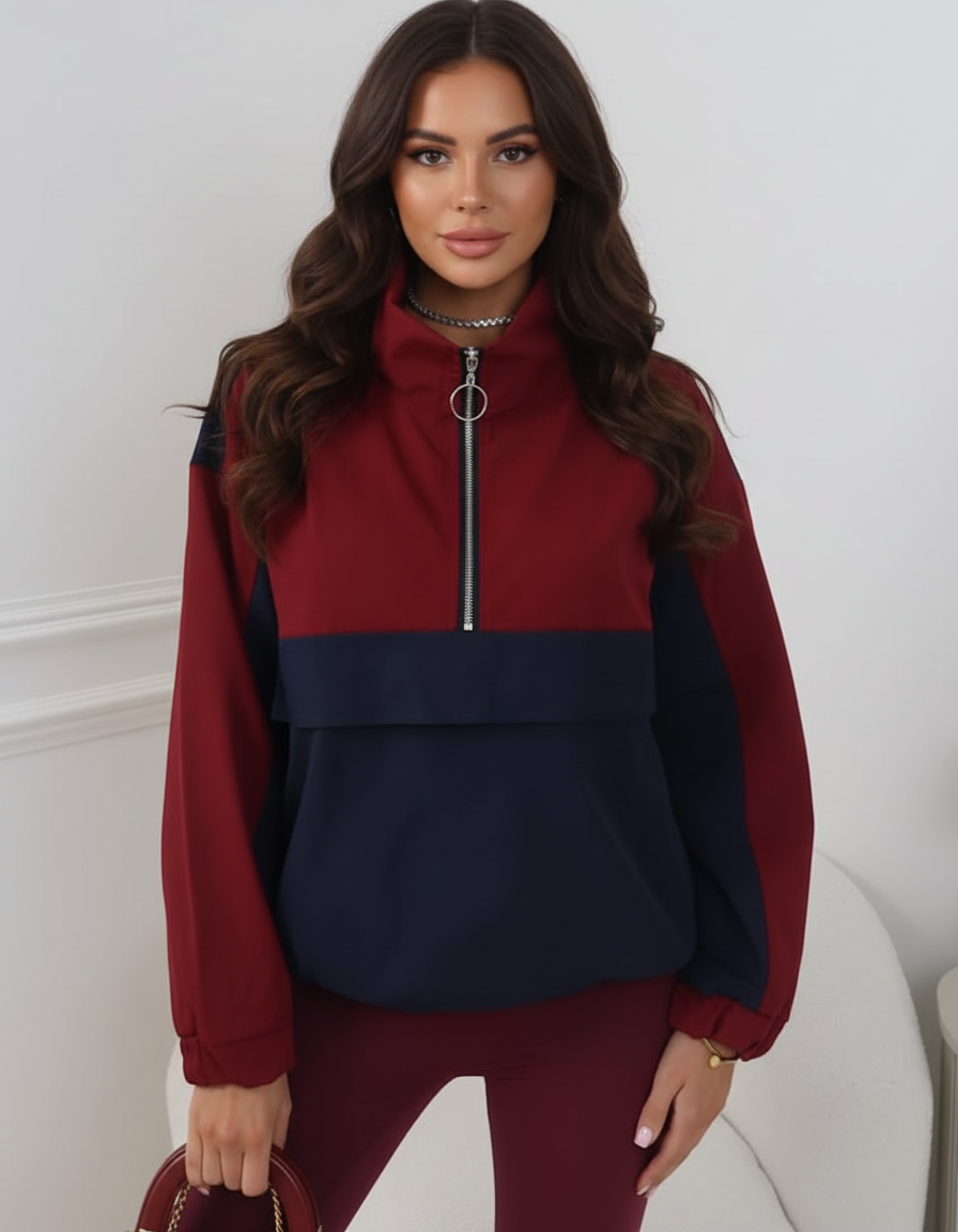 Burgundy Funnel Neck Half Zip Jacket