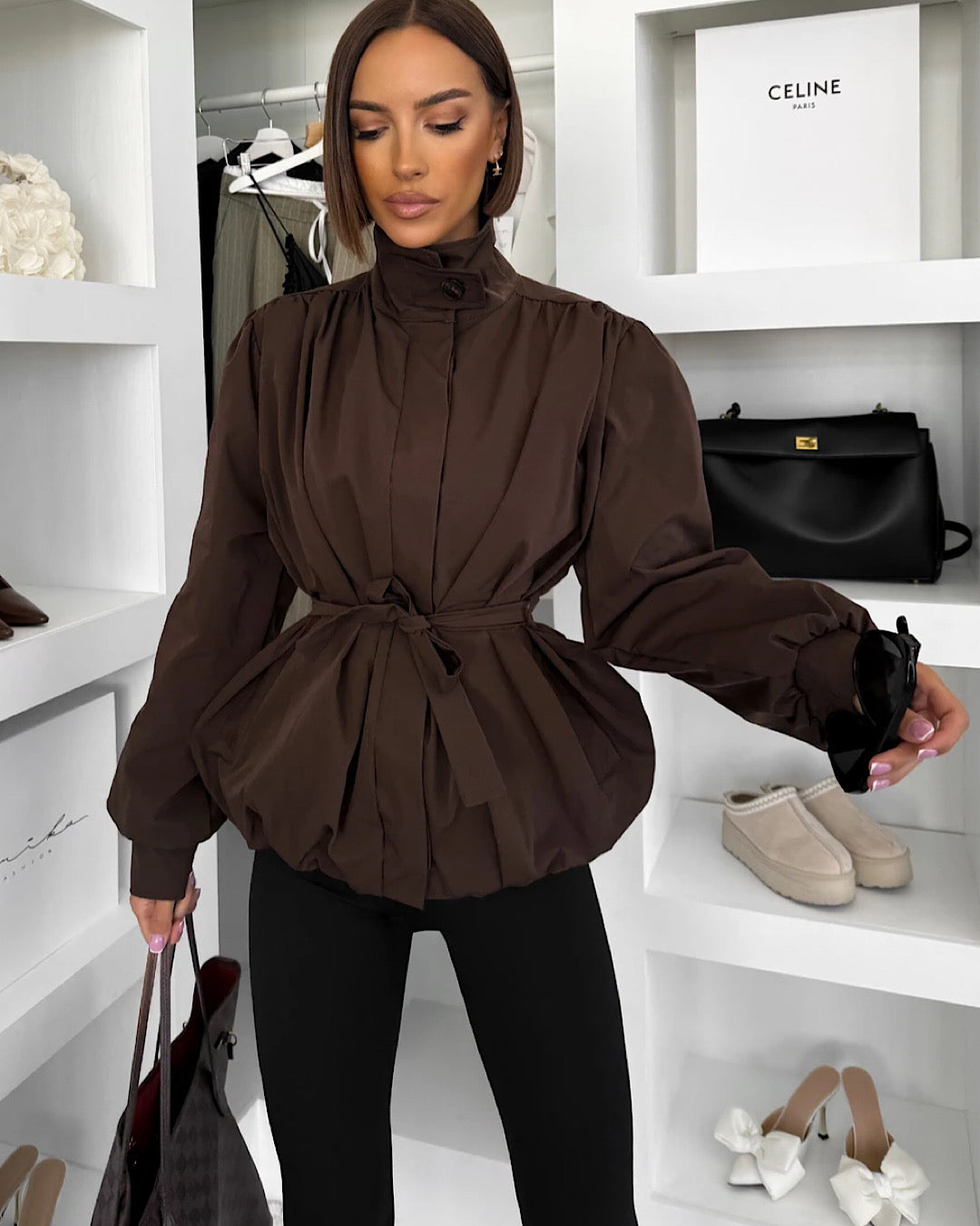 Brown Puff Hem Funnel Neck Coat