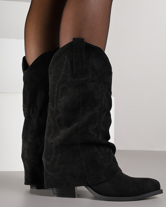 Black Faux Suede Fold Over Cowboy Boots