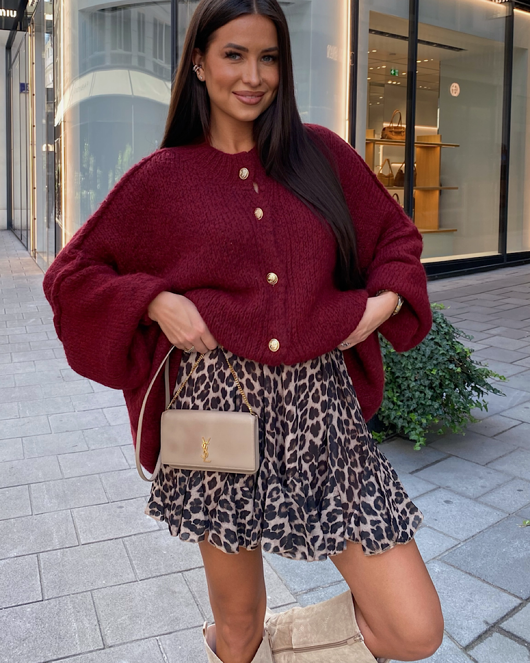 Wine Oversized Cardigan with Gold Buttons