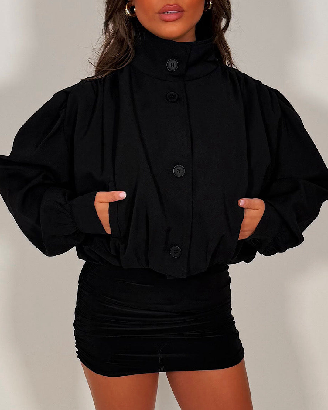 Black High Neck Ruched Jacket