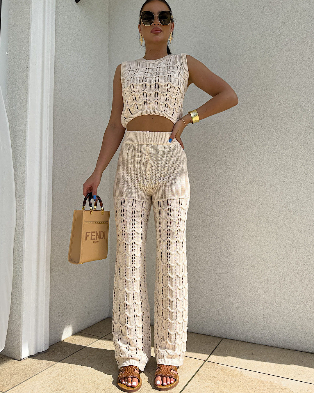 Beige Knit Top & Trousers Set