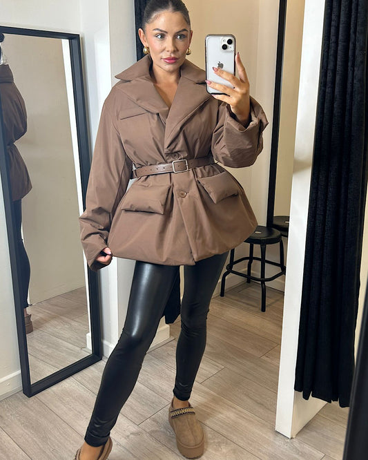 Chocolate Belted Puffer Coat