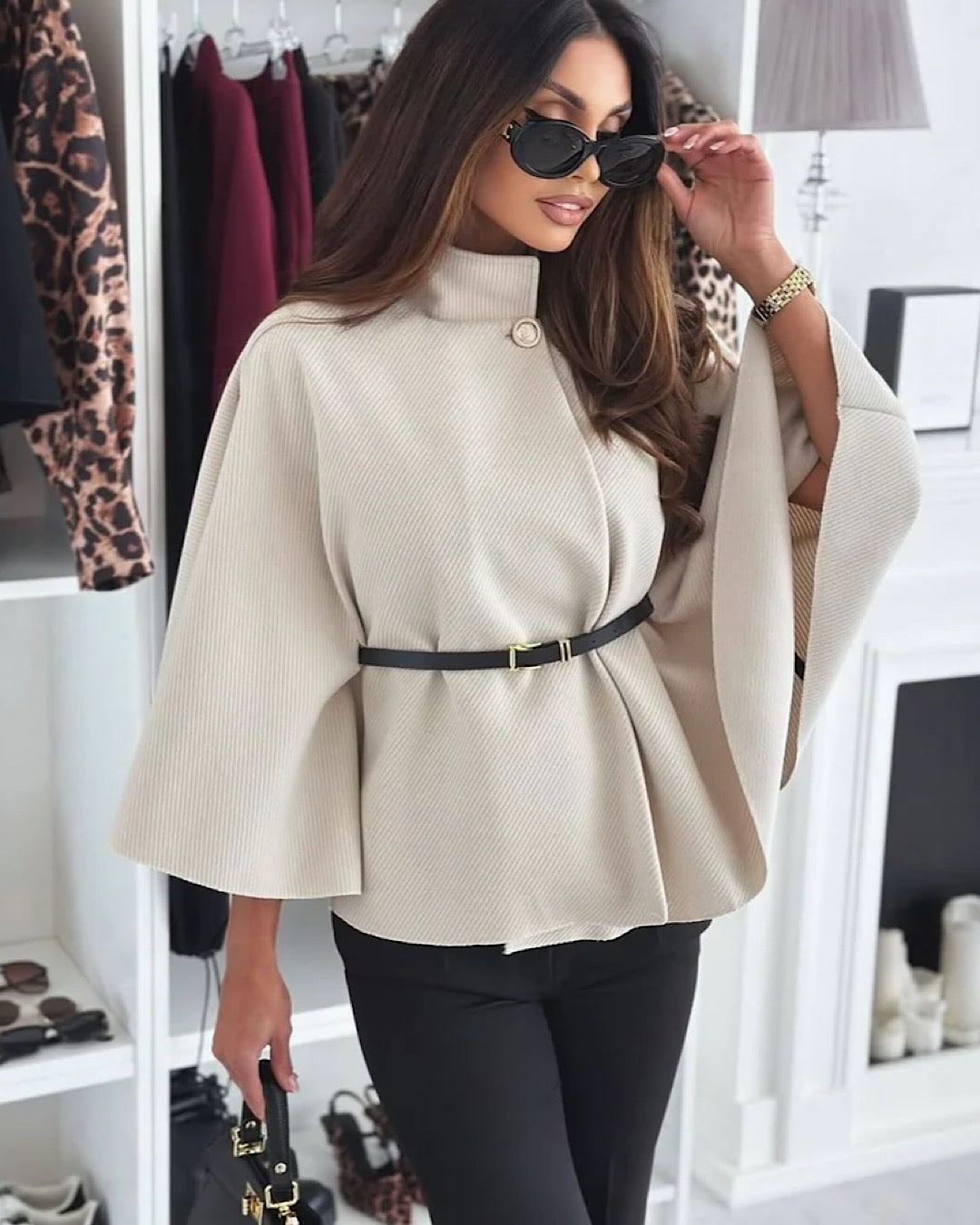 Beige Belted Cape Poncho