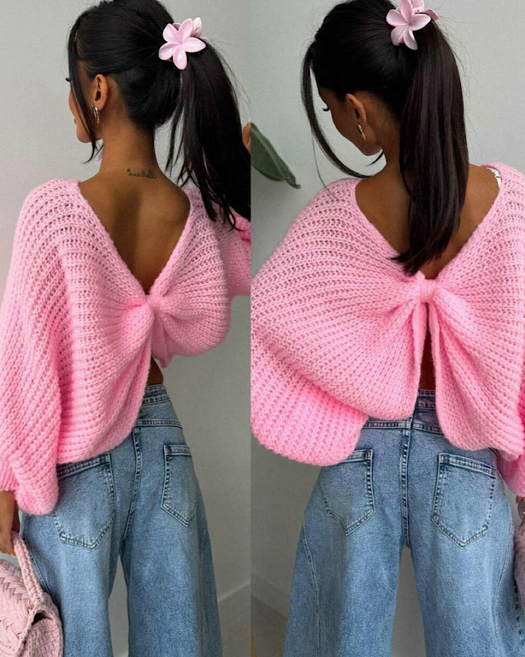 Pink Batwing Knot Back Knit