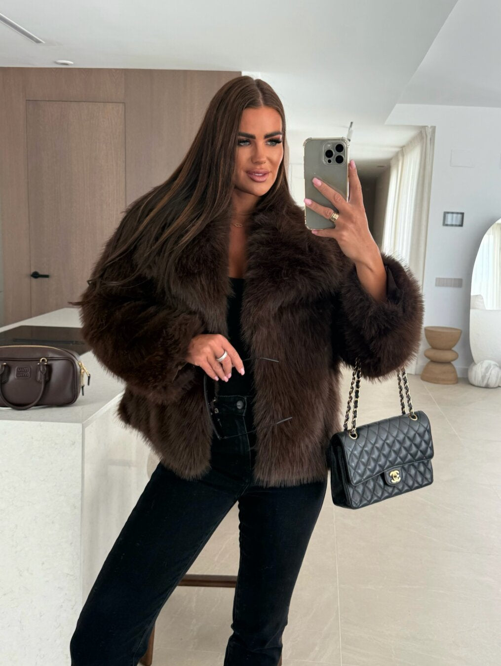 Chocolate Faux Fur Coat with Oversized Collar