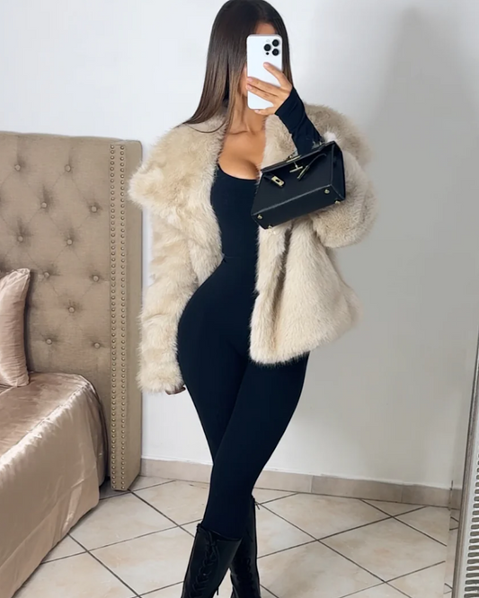 Beige Faux Fur Coat with Oversized Collar