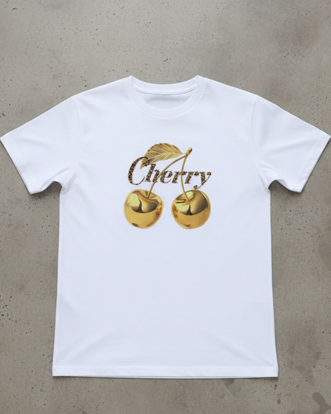White Tee with Gold Cherries