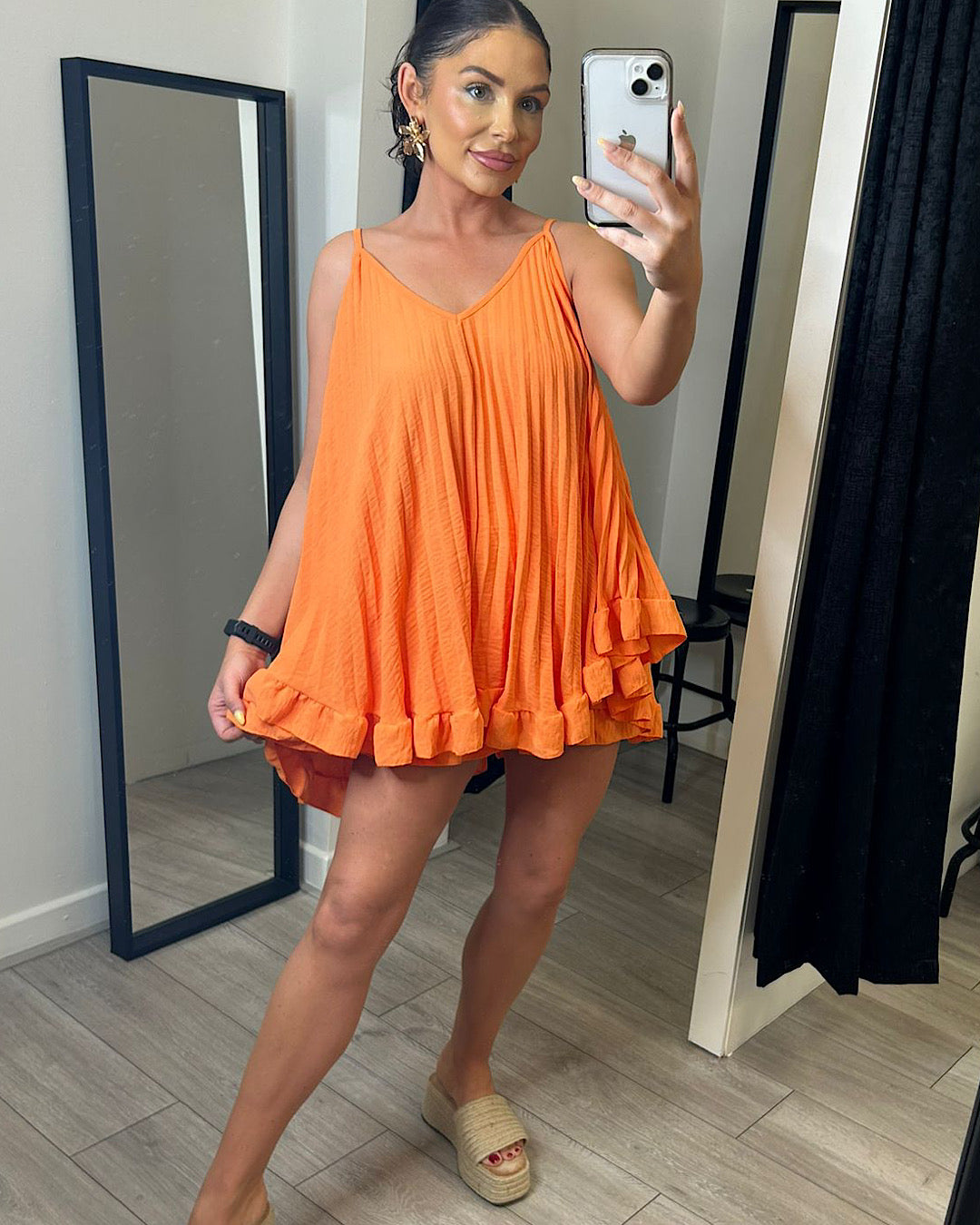 Orange Pleated Top and Shorts Co Ord Suit