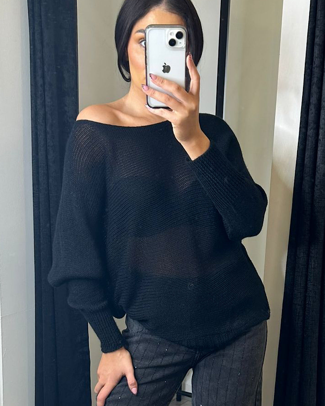 Black Batwing Fine Knit Top