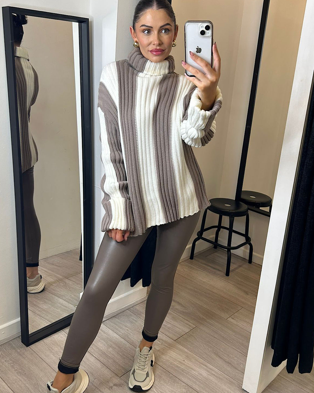 Grey Beige High Neck Chunky Knit Top