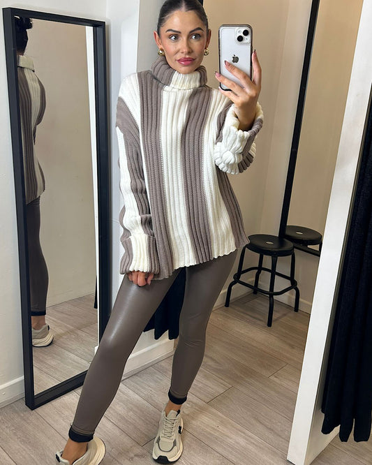 Grey Beige High Neck Chunky Knit Top