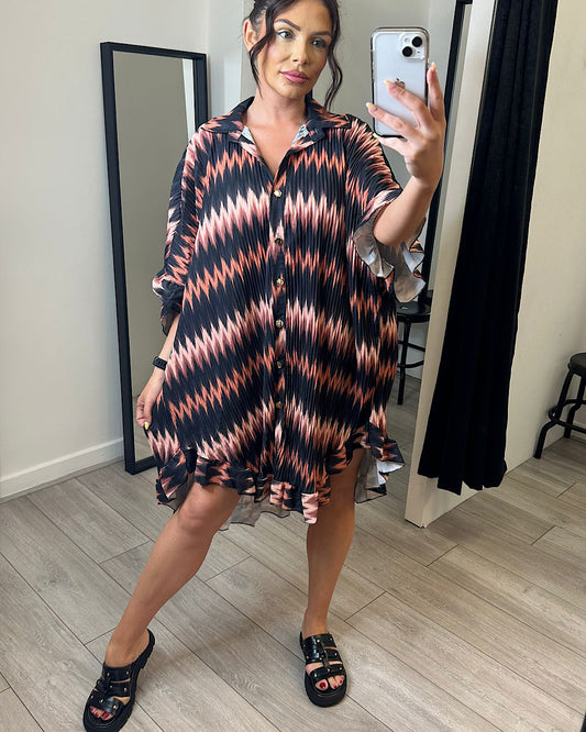 Zig Zag Print Frill Hem Shirt Dress